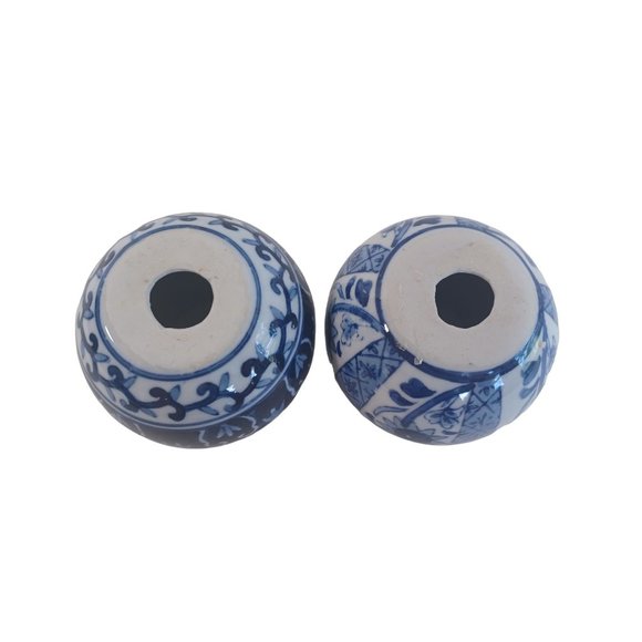 Vtg Set of 2 Round Delft Blue 3" Candle Holders Porcelain Oriental Hand Painted - Picture 5 of 5